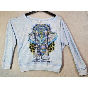Bella Canvas Womens Long Sleeve Elephant Print Positive Vibrations Top Blue Sz S